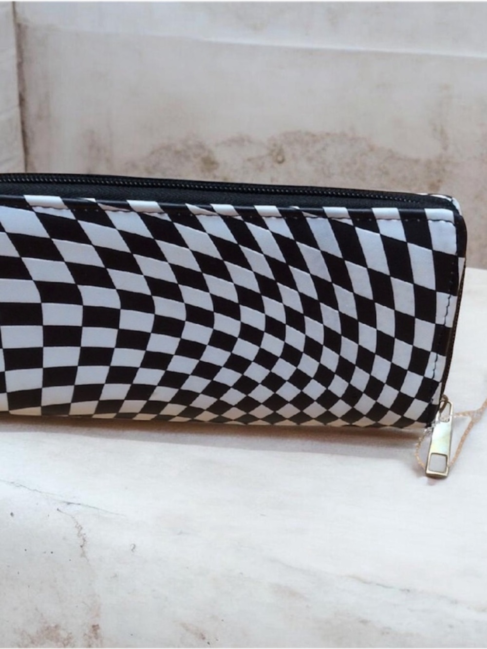 Black & White Checkered Zip Wallet with 'We're All Mad Here' Patch - Picture 2 of 4